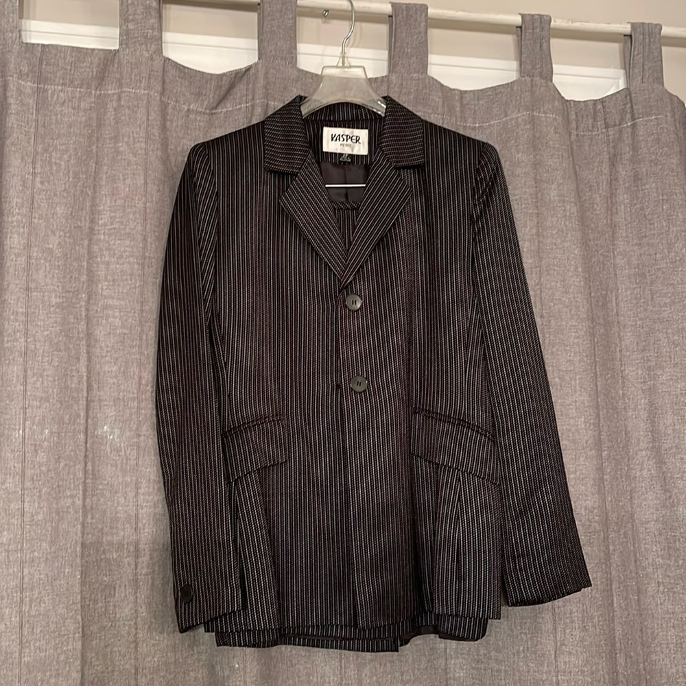 Women’s Kasper skirt suit, black with white pin stripes, size 2P